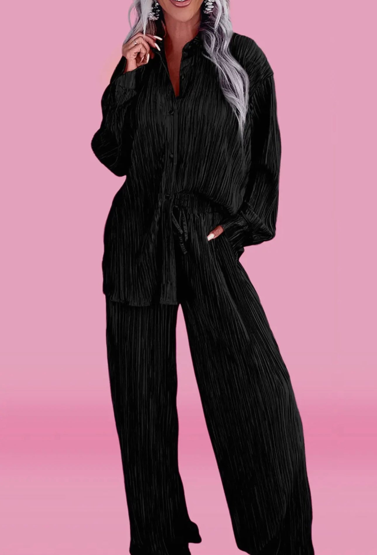 Black Pleated Long Sleeve Set