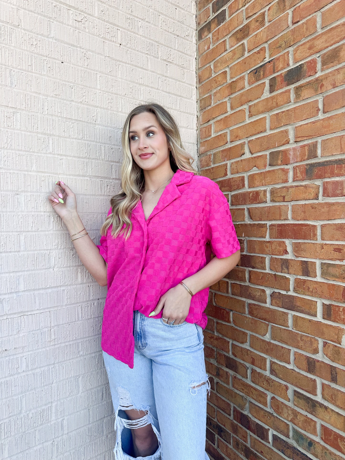 Pink Checkered Short Sleeve Shirt