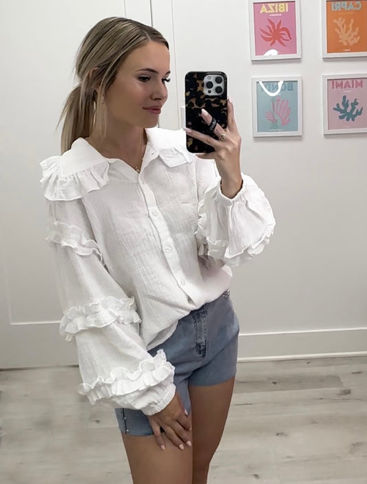 White Balloon Sleeve Ruffle Blouse