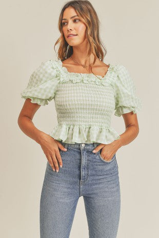 Gingham Puff Sleeve Top