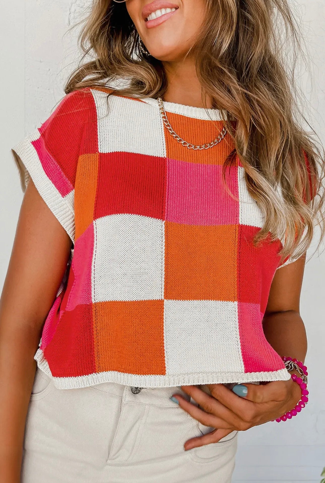 Red Color Block Cap Sleeve Sweater Top