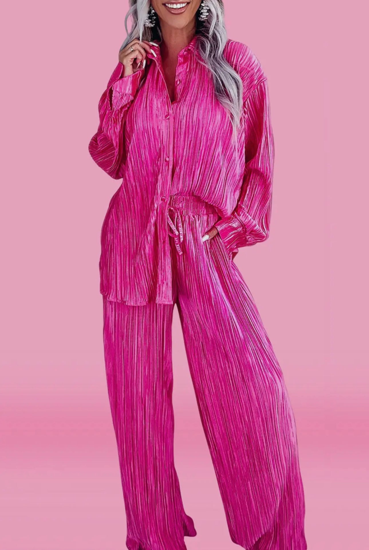 Long Sleeve Hot Pink Pleated Set